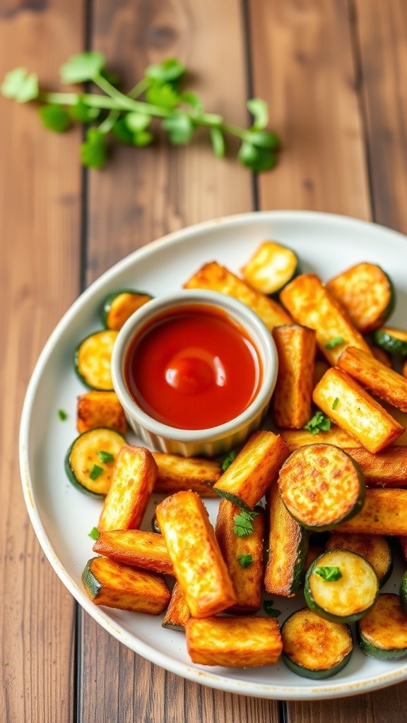 Crispy air fryer zucchini fries served with marinara sauce, garnished with parsley on a wooden table.